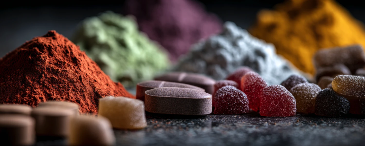 Colorful piles of powdered pigments with sugar-dusted gummies and tablets on a dark surface.