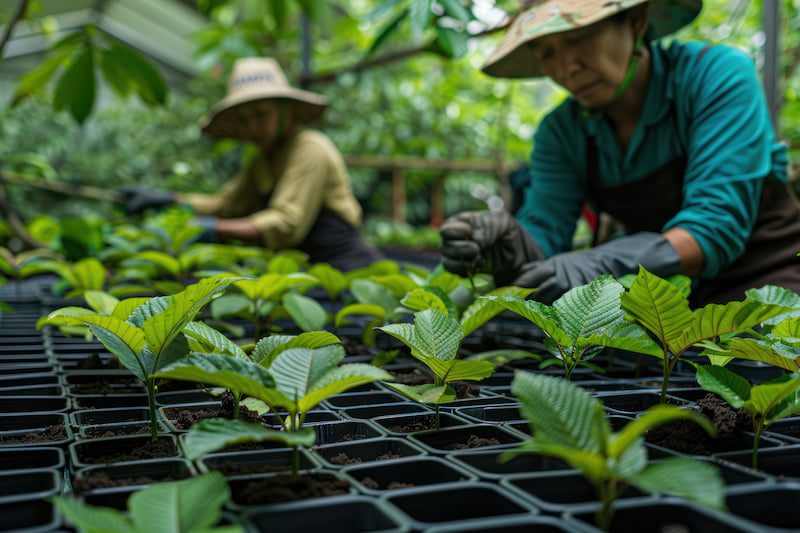 Thai gardeners inspect the leaves of kratom plants in a legal nursery in Thailand