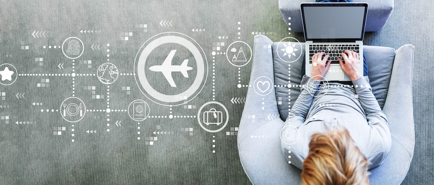 Airplane travel illustration with a man using a laptop to book a flight while sitting in a sleek gray chair