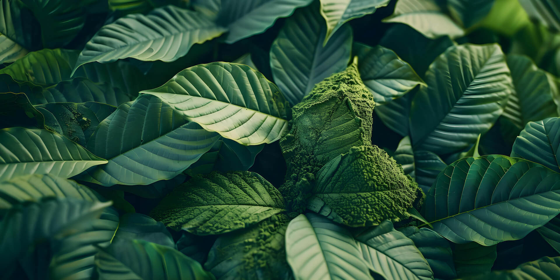 Close-up of large glossy green leaves surrounding a moss-covered rock in the center.