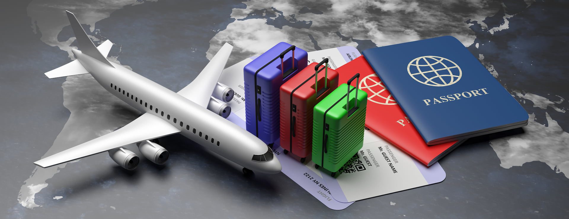 Travel concept showing a white airplane with colorful suitcases, tickets, and a blue passport on a world map background